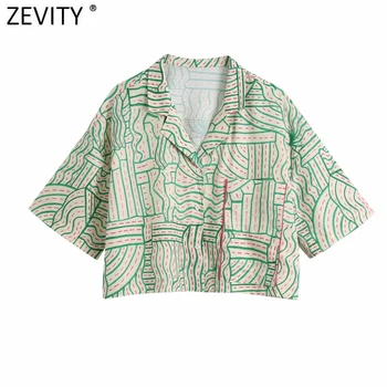 Zevity Naiste Vintage Geomeetriline Prindi Lühike Kimono Pluus Naiste Lühikesed Varrukad Vabaaja Tasku Särk Stiilne Vaba aja veetmise Blusas Tops LS9497