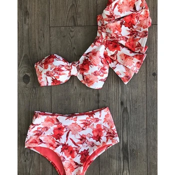 Üks Õlg Bikiinid Komplekti 2021 Seksikas Ruffle Supelrõivad Naiste Ujumistrikoo Kõrge Vöökoht trikoo Beachwear Punane Prindi Biquini naine